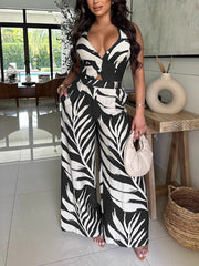 Casual Print Halter Lace-up Top Wide Leg Pants Set