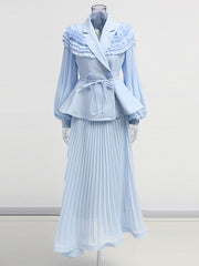 Boutique Lapel Full Sleeves Slim Top And Mesh Skirt Sets