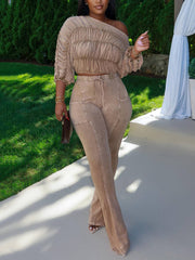 Sexy Skew Collar Ruched Top And Pant 2 Piece Set