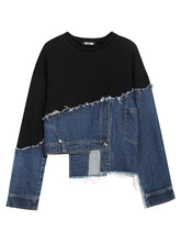 Fashion Irregular Hem Denim Patch Sweatshirt