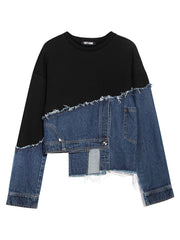 Fashion Irregular Hem Denim Patch Sweatshirt