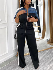 Casual V-neck Short Sleeve Zipper Jumpsuit