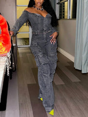 Casual Off Shoulder Denim Cargo Jumpsuit
