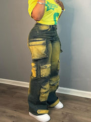 Fashion Multi-Pocket Washed Cargo Jeans