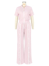 Casual Zipper Crop Top Wide Leg Pant Sportswear Set