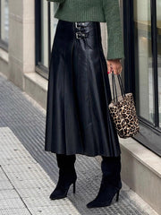 Faux Leather Retro Buckle Detail Pleated Long Skirt