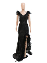 Sexy Sequin Backless Feather Slit Club Party Dress