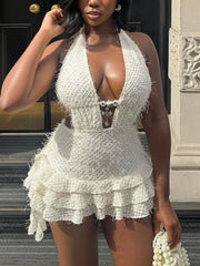Sexy Deep V Halter Lace-up Knit Ruffles Mini Dress