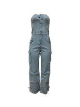 Sexy Strapless Denim Cargo Jumpsuit