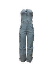 Sexy Strapless Denim Cargo Jumpsuit