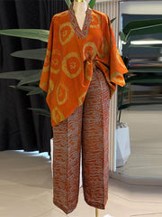V Neck Print Loose Top Straight Pants Casual Set