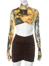 Sexy Glove Sleeve Print Cropped Ruched Skirt Sets