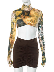 Sexy Glove Sleeve Print Cropped Ruched Skirt Sets