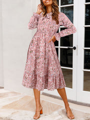 Casual Floral Print Ruffle Slim Midi Dress