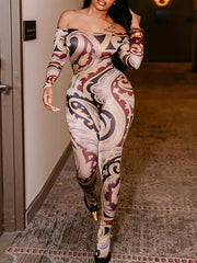Sexy Print Patchwork Off Shoulder Skinny Jumpsuit
