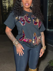 Casual Chic Round Neck Sequin Butterfly T-shirt
