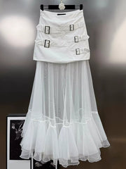 Fashion Patchwork Sheer Mesh Solid Maxi Skirt