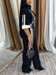 Fashion Stand Collar Zip-Up Striped Jumpsuit