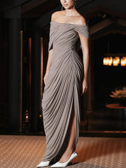 Fashion Off-Shoulder Irregular Pleated Maxi Dress