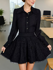 Fashion Lace Trim Collar Button A-Line Skirt Sets