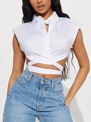 Lapel Crop Top Single Breasted Bandage T Shirt