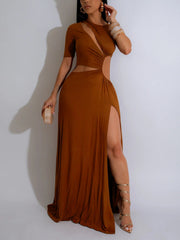 Sexy Hollow Waist Irregular High Slit Maxi Dress