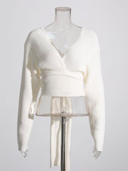 Elegant V Neck Backless Cinched Waist Sweatshirt