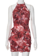 Sexy Print Backless Ruffle Halter Mini Dress