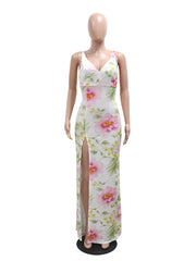 Sexy Sling Floral Print Sequin Backless Slit Maxi Dress