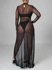 Sexy Sheer Mesh Rhinestone Maxi Slit Dress