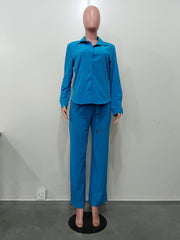Casual Long Sleeve Shirt Drawstring Pant Set