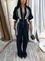 Fashion Stand Collar Zip-Up Striped Jumpsuit