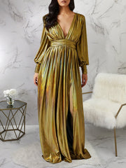 Sexy Metallic Deep V-Neck High Waist Maxi Dress