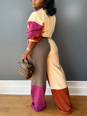 Casual Color Block Patchwork Top And Pants Sets