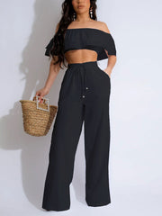 Sexy Off-Shoulder Crop Top And Elastic Waist Pants Set
