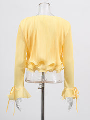 Fashion V Neck Flare Sleeve Ruffle Slim Shirt Top