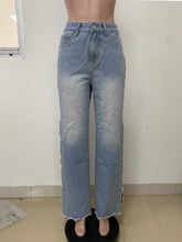 Fashion Split Metal Chain Diamond Straight Jeans