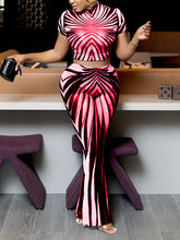 Round-neck Print Sheer Mesh Crop Top Slim Pant Sets