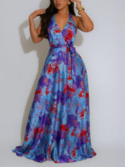 Sexy Satin Print Backless Halter Dress