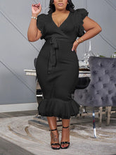 Elegant V Neck Lace-up Mesh Patchwork Midi Dress