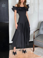 Elegant Off Shoulder Ruffle Cinched Waist Maxi Dress