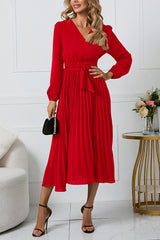 Casual Long Sleeve V-neck Slim Pleated Dress