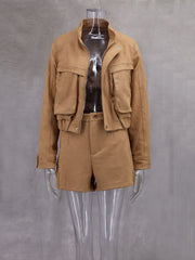 Vintage Zipper Suede Leather Jacket Shorts Sets