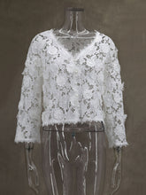 Elegant V Neck Lace Floral Hollow Out Shirt