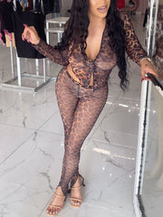 Elastic Leopard Print Mesh Crop Top Skinny Pants Sets