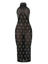 High Neck Sleeveless Rhinestone Mesh Midi Dress