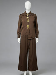 Elegant Single-breasted Shirt And Pants Casual Set
