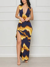 Casual V-neck Sleeveless Print High Slit Maxi Dress