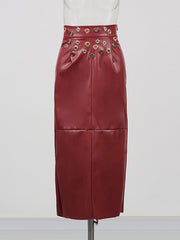 Vintage Elegant PU Leather Midi Skirt