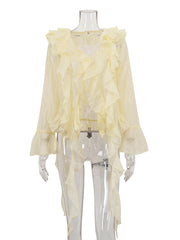 Elegant V-Neck Ruffle Lace-Up Chiffon Shirt Top